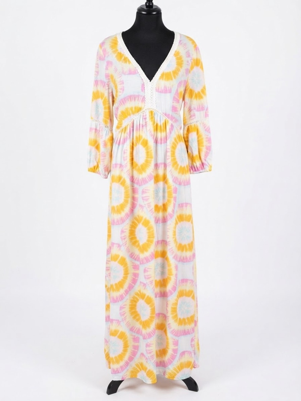 Crown & Ivy Tie-Dye Maxi Dress, featuring vibrant yellow, orange pink xl